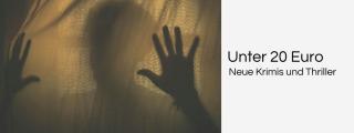 Frau hinter Vorhang. Banner unseres Onlineschaufensters Neue Krimis und Thriller.